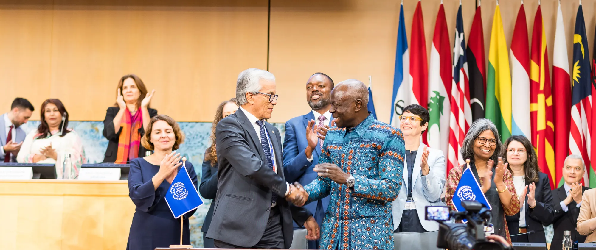 Applause during the closing ceremony of the 114th International Labour Conference as delegates celebrate the adoption of a new convention on decent work in the platform economy.