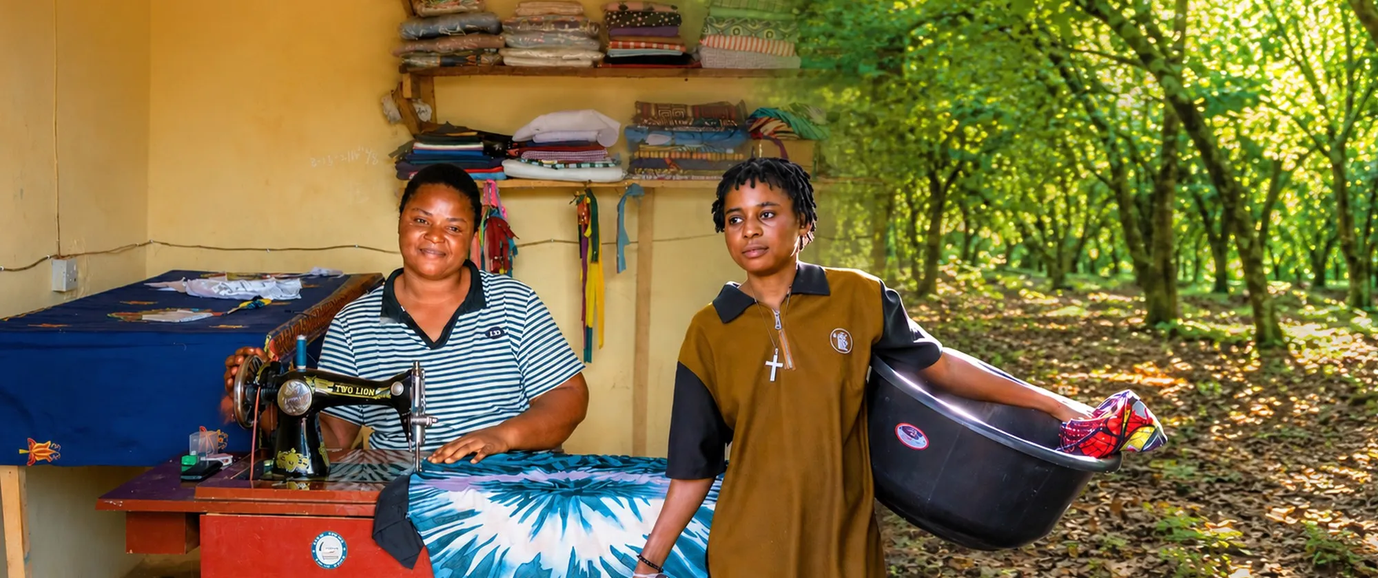 A young woman, Obassey Divine, stands in a cocoa plantation while another woman,Blessing Thomas, sits at a sewing machine in her tailoring shop in Nigeria.