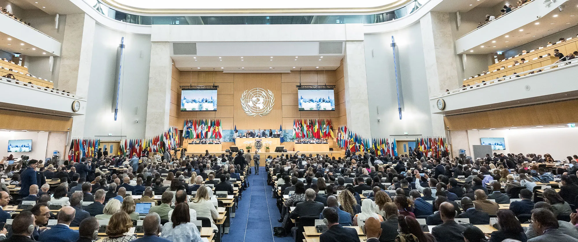 A wide-angle view of a large international conference hall filled with delegates seated at desks, facing a central stage with a panel of speakers beneath the United Nations emblem. National flags from around the world line both sides of the hall, with large screens displaying the proceedings and tiered galleries packed with attendees observing the session.