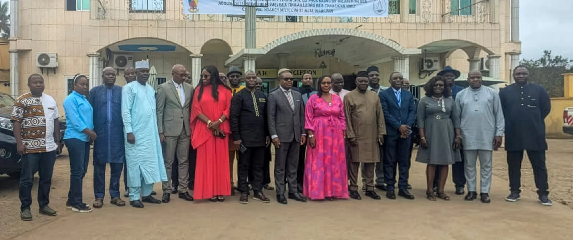Workshop participants stand together for a group photo outside the venue hosting the technical review and validation workshop on the RPL framework in Ebolowa, Cameroon.