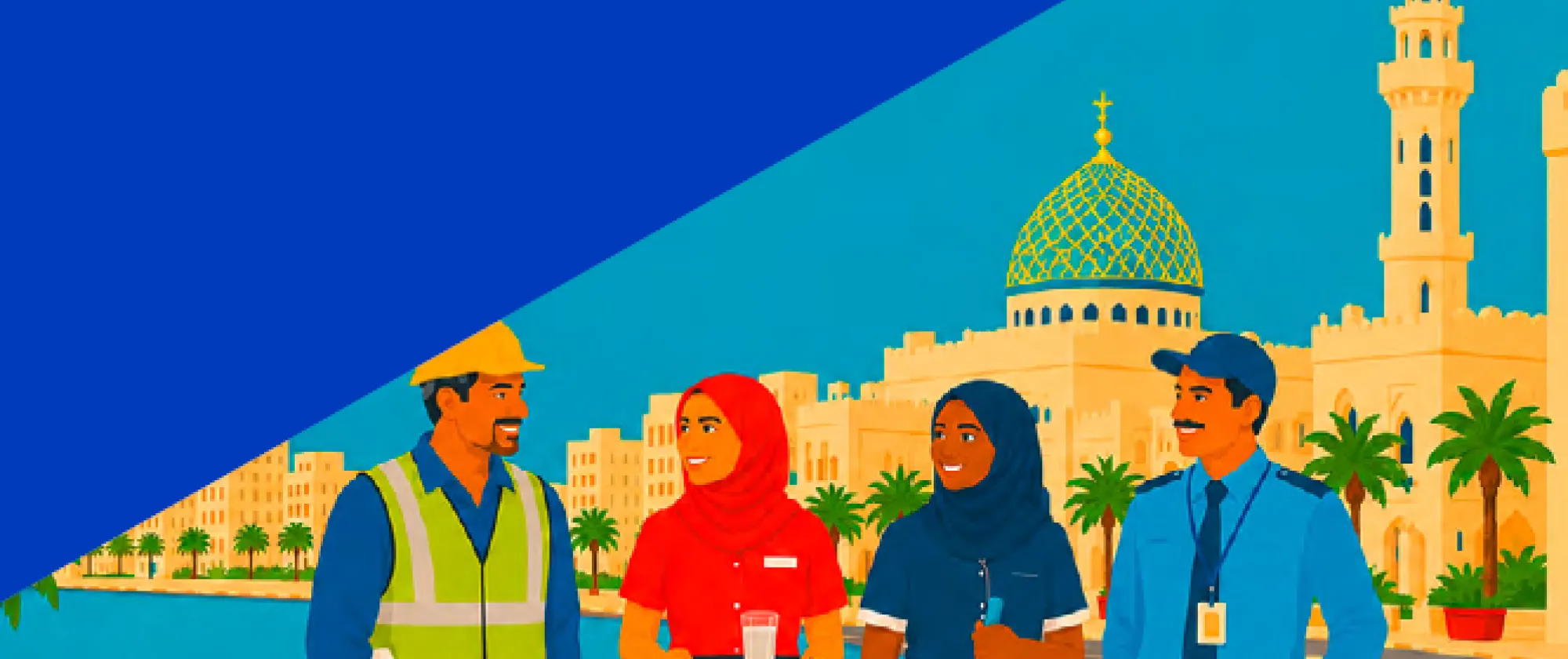 Illustrated cover showing four workers from construction, hospitality, domestic work and service sectors against an Omani cityscape, with partner logos below 2