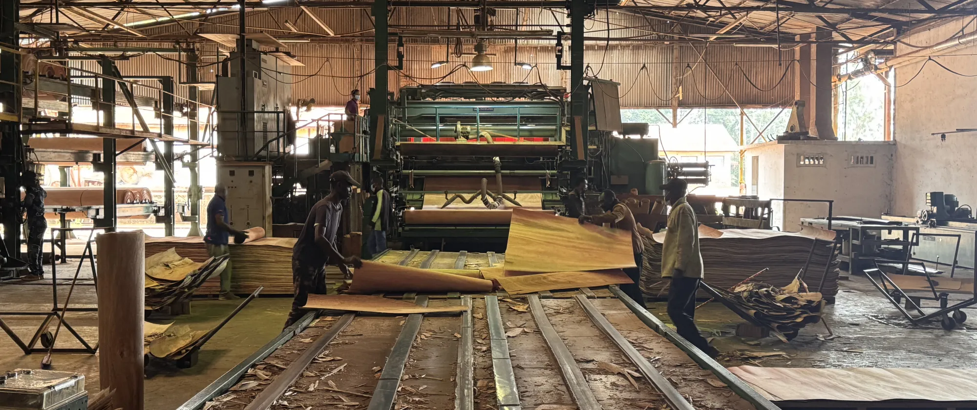 deux travailleurs dans un entrepot travaillant le bois