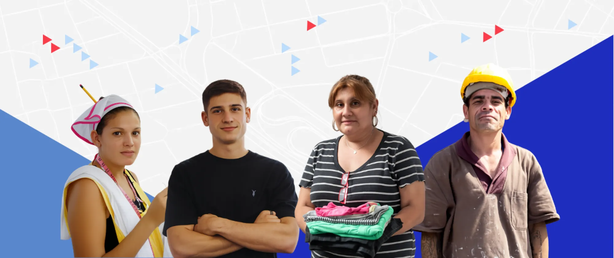 Una trabajadora textil, un joven varón, una trabajadora doméstica y un trabajador de la construcción