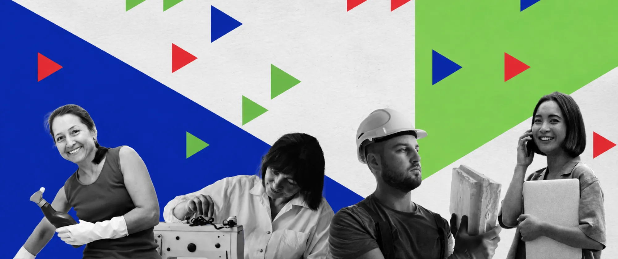 Collage en blanco y negro de cuatro personas trabajadoras —una trabajadora de limpieza, una costurera, un trabajador de la construcción y una profesional de oficina— sobre un fondo texturizado con grandes formas geométricas azules y verdes y pequeñas flechas rojas, azules, verdes y blanca