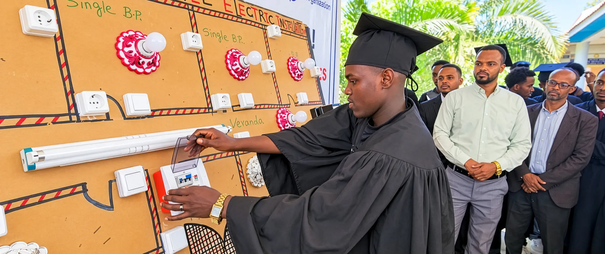 A young man wears a graduation black gown and cap and operates a demonstration electrical panel with other people looking on.