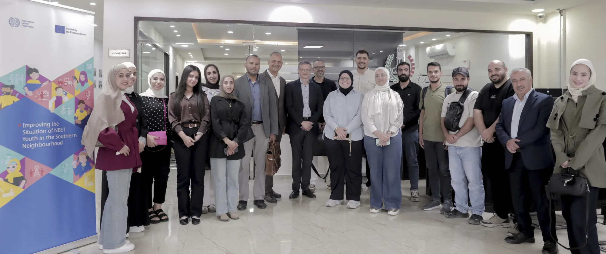 Young participants, facilitators and ILO representatives gather for a group photo at the youth consultation in Nablus, 23 September 2026.