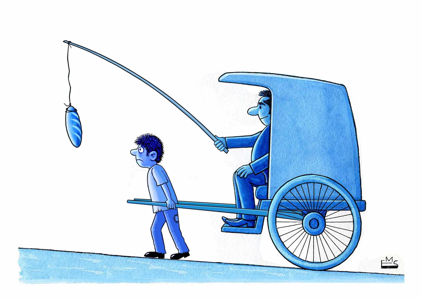 Cartoon showing a young man pulls a rickshaw. The passenger is holding a loaf of bread in front of him at the end of a fishing rod.  