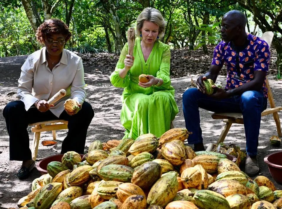Queen Mathilde of Belgium visits a cocoa plantation in Méagui, Côte d'Ivoire