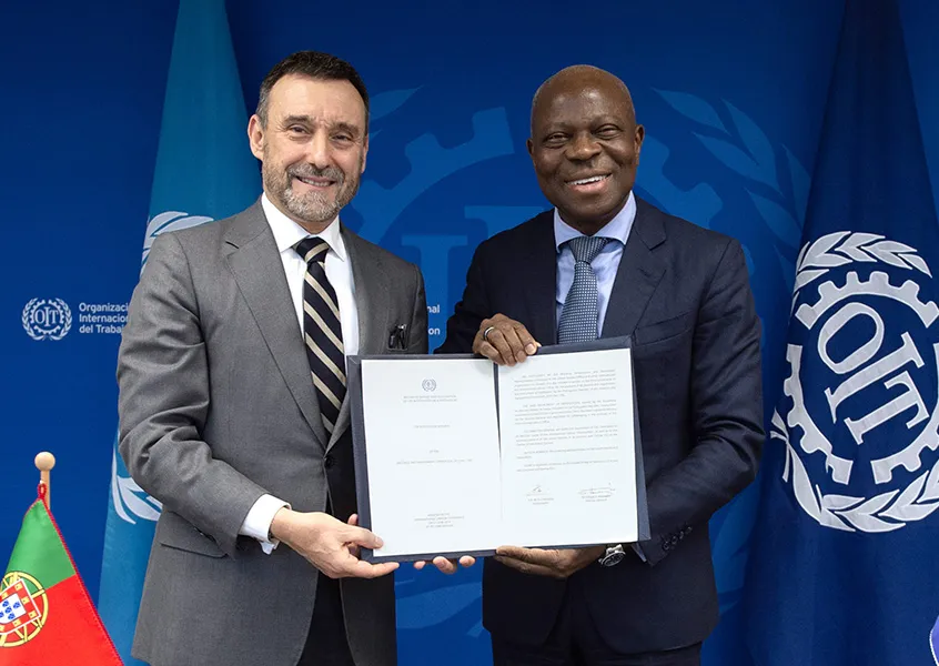 Ratification ceremony of Convention No. 190, 16 February 2024: Mr Rui Macieira – Portugal Ambassador to the UN Office and other international organizations in Geneva and  ILO DG Gilbert F. Houngbo