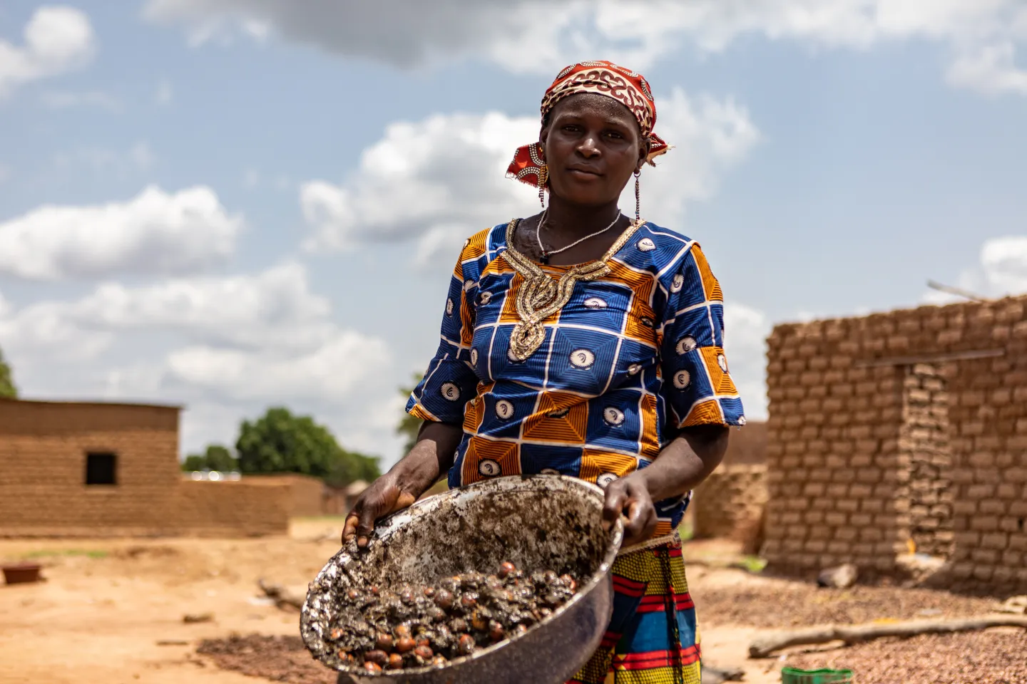 A woman holding a cup containing shea nuts in her village, Mali