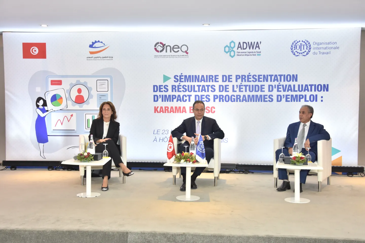 Séminaire de présentation des résultats KARAMA et ISC. Rania BIKHAZI, Directrice du Bureau de l'OIT pour l'Algérie, la Libye, le Maroc, la Mauritanie et la Tunisie, Abdelkader JEMMALI, Chef de Cabinet en charge du Ministère de l’emploi et de la formation professionnelle, et Fakher ZAIBI, Directeur Gal de l’Observatoire National de l’Emploi et des Qualifications