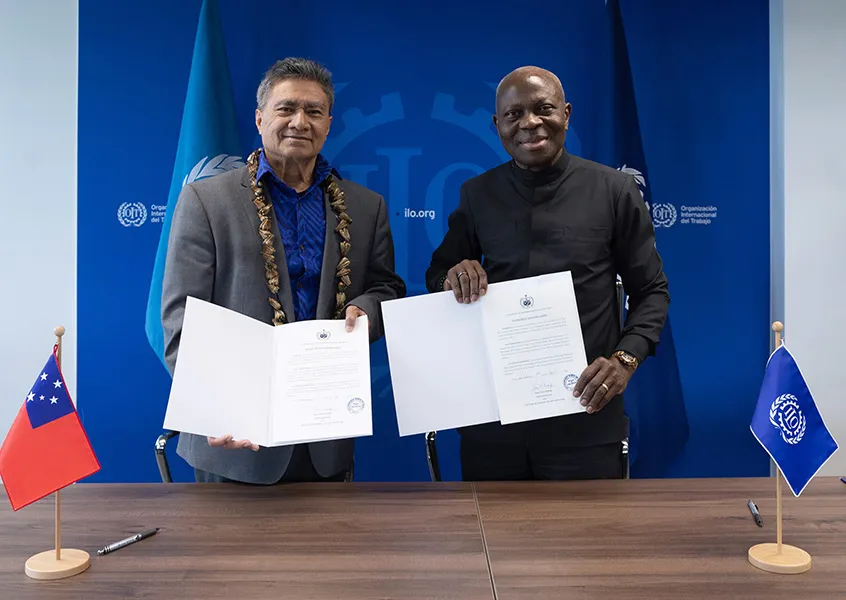 Ratification of Conventions Nos. 187 and 190 on 31 May 2024: M. Leota Laki Lamositele Sio, the Minister of Commerce, Industry and Labour of Samoa and Gilbert F. Houngbo, DG of the ILO