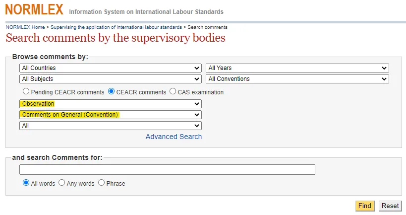 NORMLEX search for general observations of the CEACR