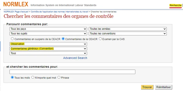 NORMLEX: recherche des  observations générales de la CEACR