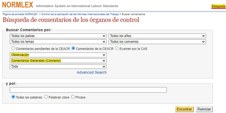 NORMLEX: búsqueda de las observaciones generales de la CEACR