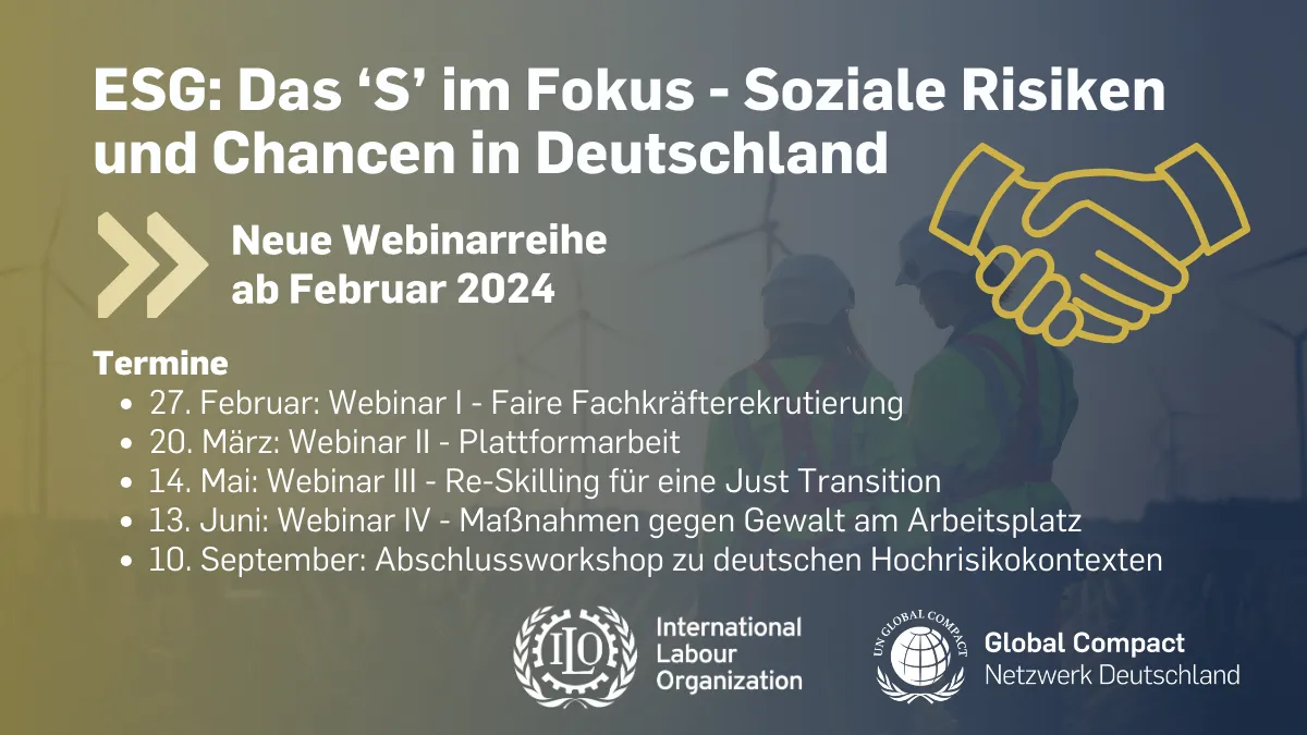 Auflistung der Termine der Webinar-Reihe zum Thema "ESG: Das 'S' im Fokus - Soziale Risiken und Chancen in Deutschland
