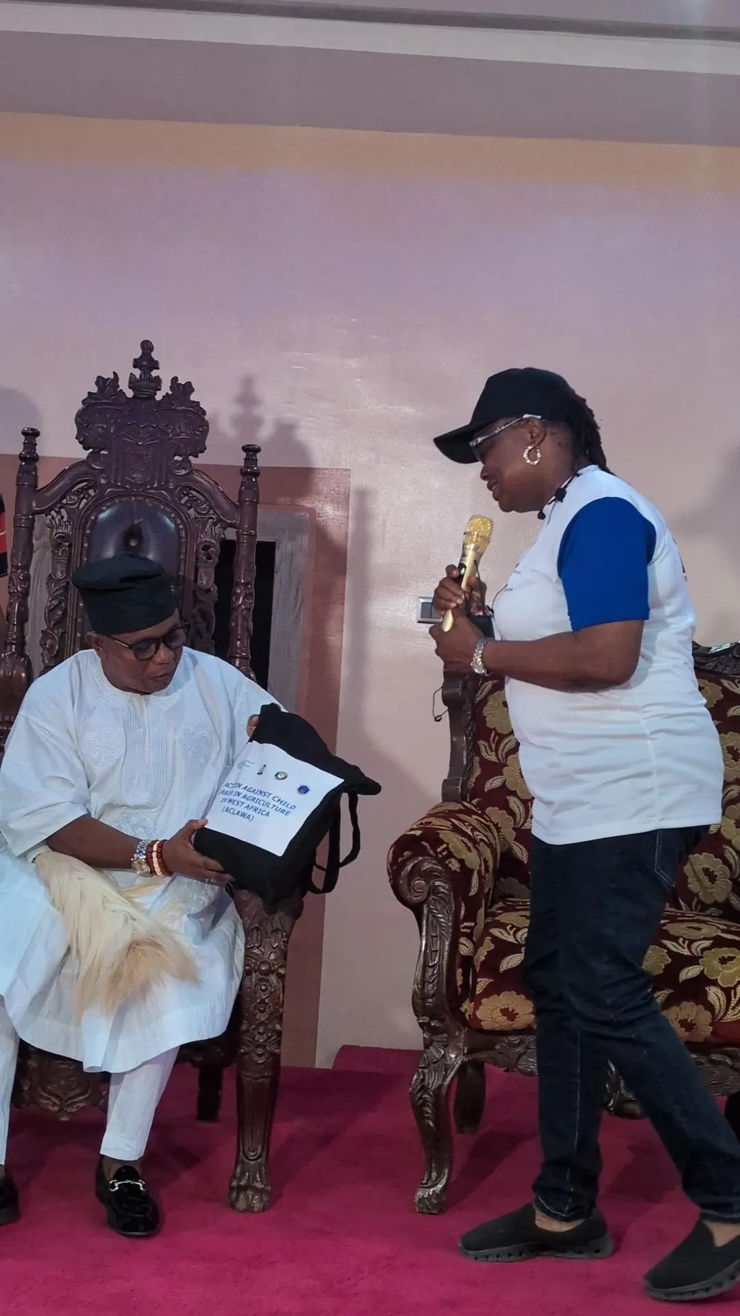 The Deji of Akure receiving the Dr. Agatha Kolawole, national project manager of the ILO ACLAWA, and other stakeholders project at his palace