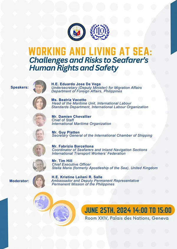 Flyer of a panel discussion organized by the Government of the Phillipines on 25/6/2024 at the Palais des Nations (Working and living at sea)