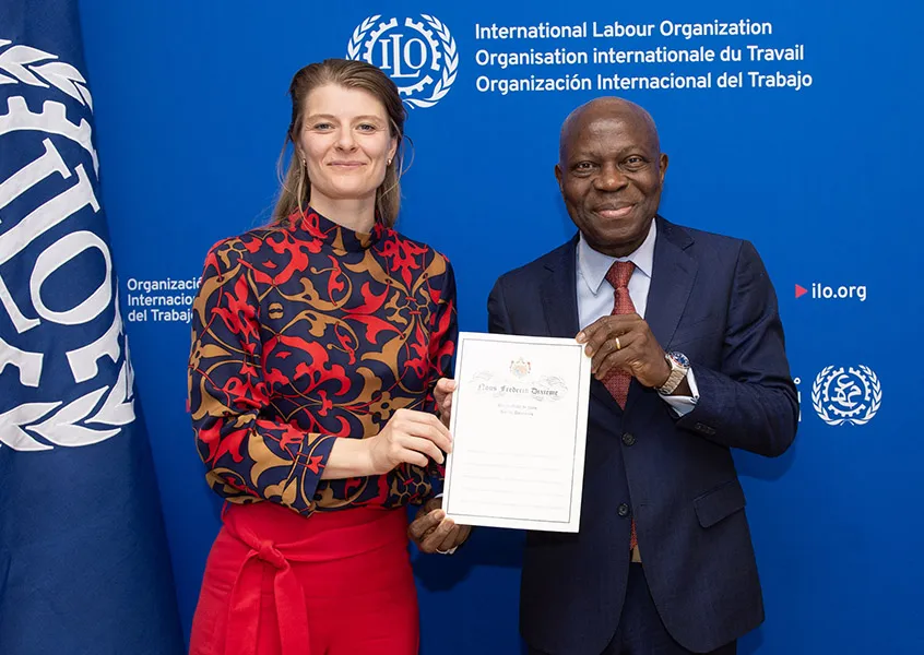 Ratification ceremony of Convention No. 190 on 6 June 2024: Ms Ane Halsboe-Jørgensen, Minister for Employment of Denmark and Gilbert F. Houngbo, Director-General of the ILO