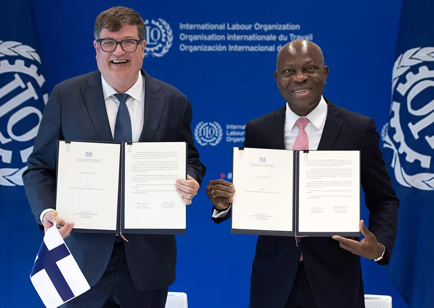 Ratification ceremony of Convention No. 190 on 7 June 2024: Mr. Arto Satonen, Minister of Employment of Finland and Gilbert F. Houngbo, Director-General of the ILO