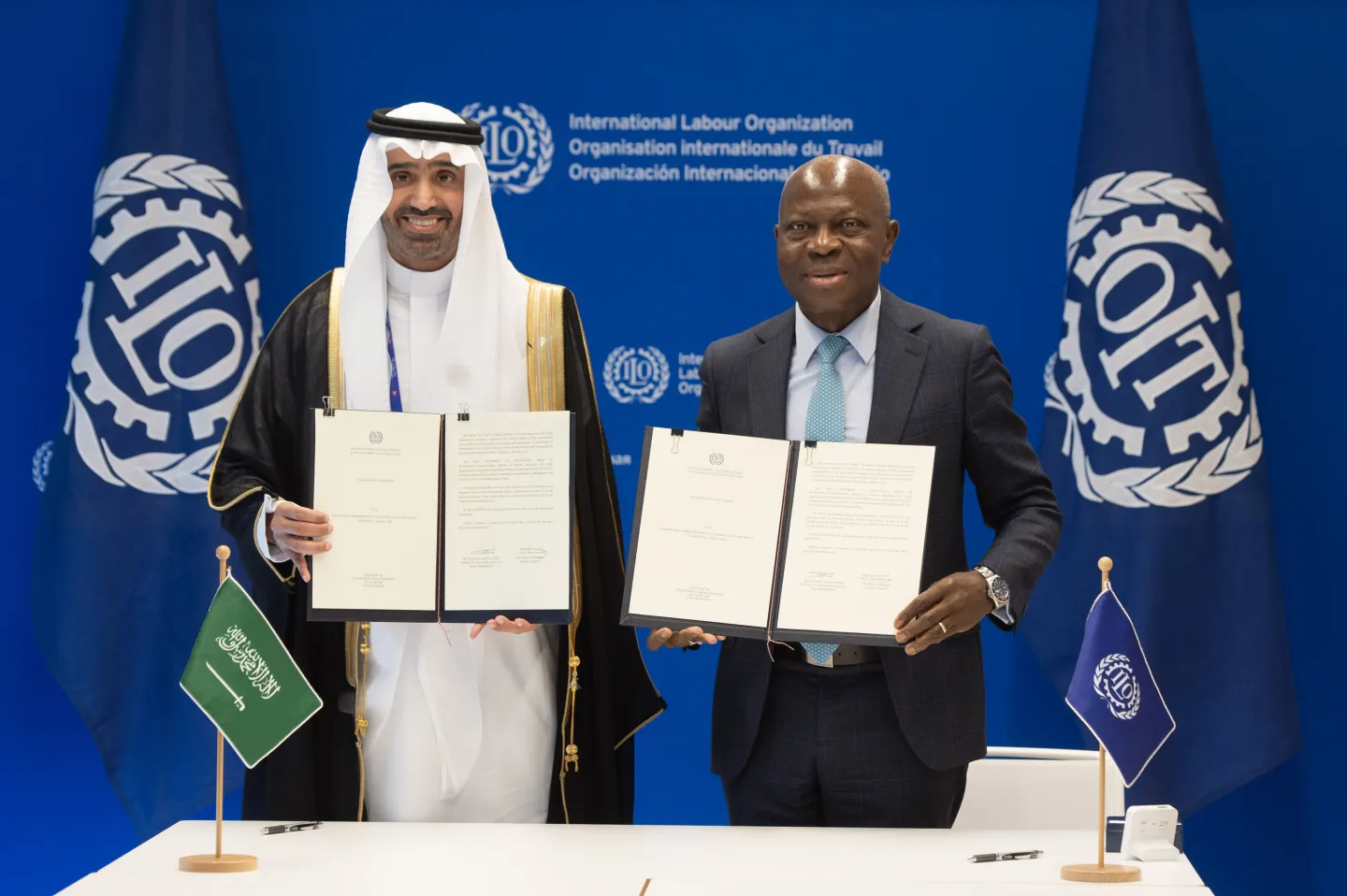 Ratification ceremony of Convention No. 187 on 4 June 2024: Mr H.E. Eng. Ahmad bin Sulaiman AlRajhi, Minister of Human Resources and Social Development of Saudi Arabia  and Gilbert F. Houngbo, Director-General of the ILO