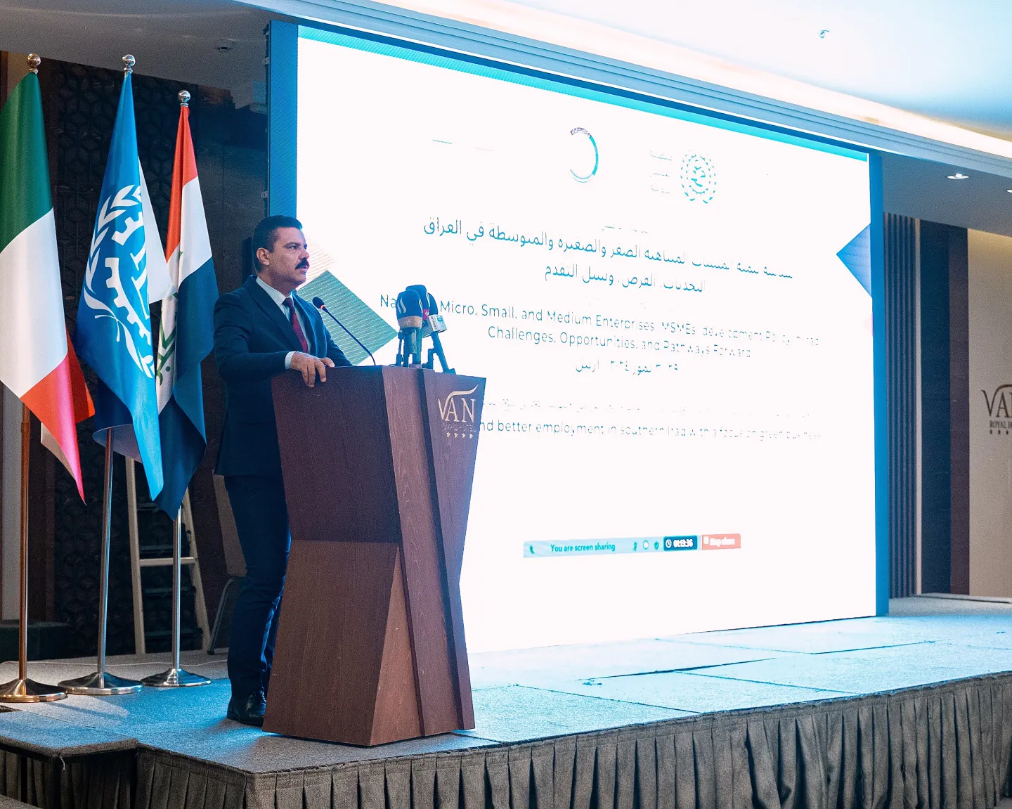 Dr. Sabah Jondi Mansour, Director General of the Economic Policies Department of the Iraqi Ministry of Planning, delivers the opening speech.