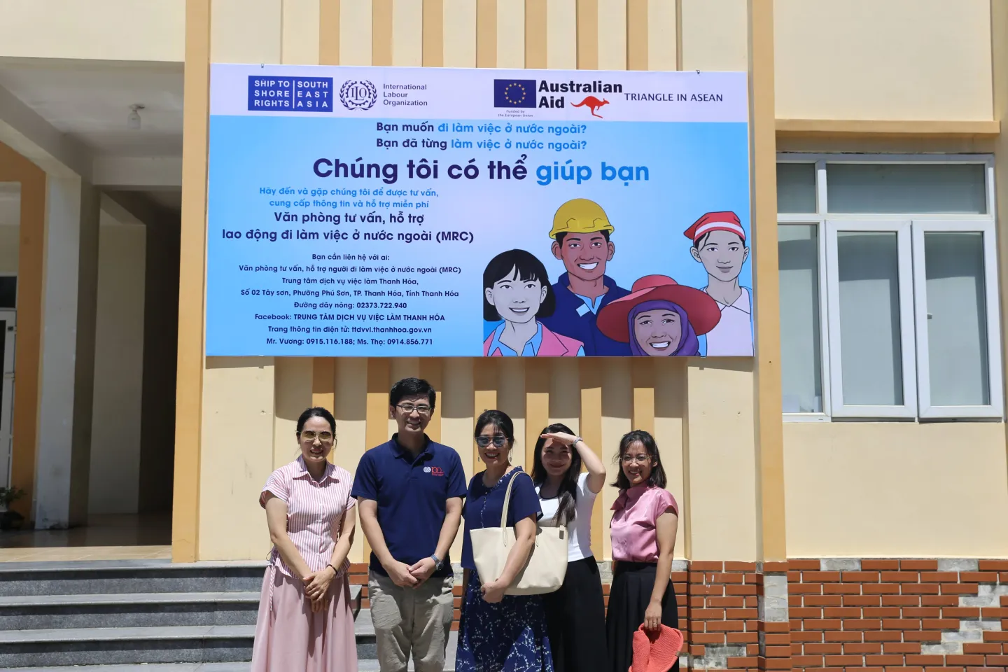 The mission delegation in front of the Migrant Workers' Resource Center (MRC), Thanh Hoa, Viet Nam.