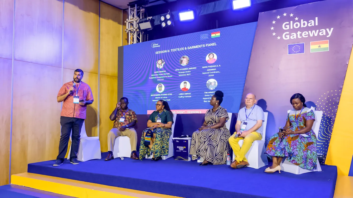 ILO Project Manager David Marcos introduces the panel on the current state of the textile and garment industry in Ghana during the EU-Ghana Business Forum 2024