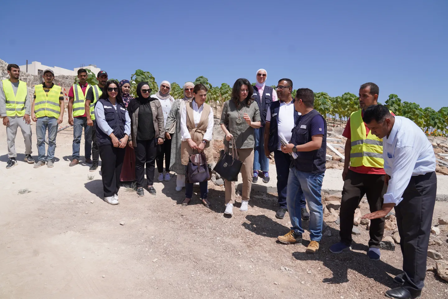 ILO Regional Director Ruba Jaradat (centre right) speaking with team members of Al Basiliya Park, which includes infrastructure works for a children's playground and the planting of Paulownia trees