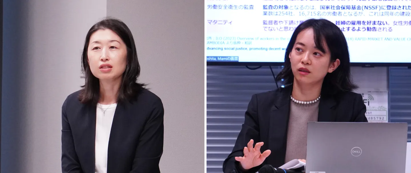 協議会を代表してあいさつする東急不動産ホールディングスグループサステナビリティ推進部統括部長の川﨑菜穂子氏（左）とILO駐日事務所プログラム・コーディネーターの小林有紀＝2024年9月12日午後2時すぎ、東京都渋谷区