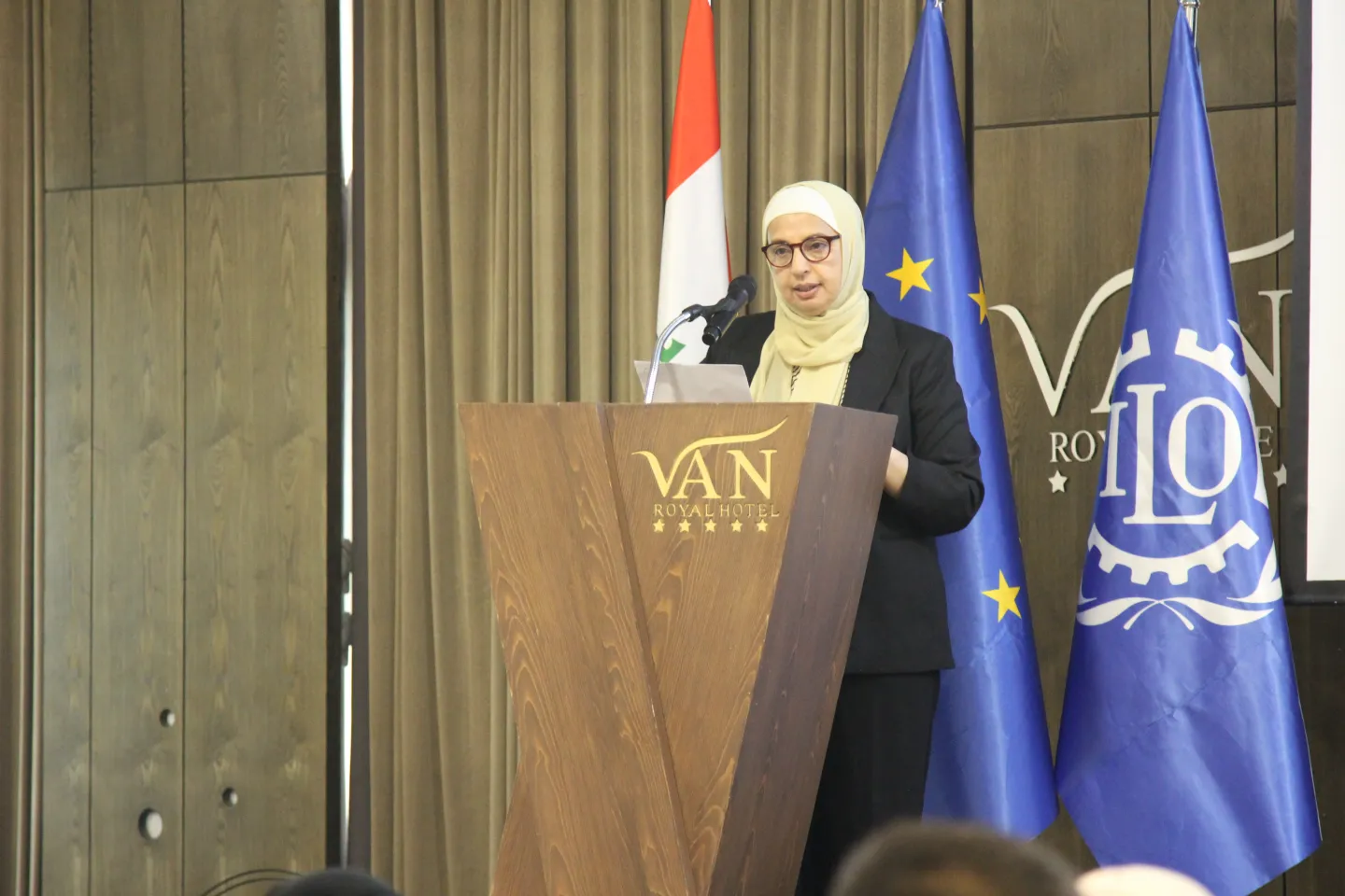 Dr Maha Kattaa country coordinator of ILO Iraq During her speech at the workshop on Promoting Decent Work in Public Works Programmes in Iraq