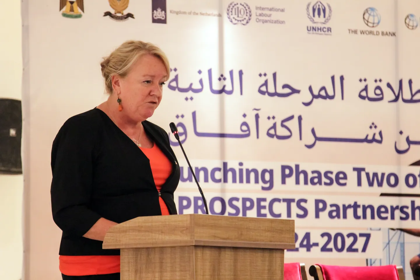 Janet Alberda, Ambassador of the Netherlands in Iraq, during her speech in the launching event of the second phase of the PROSPECTS partnership in Iraq