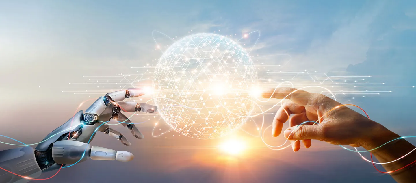 Hands of robots and humans touch big data of global network connectivity