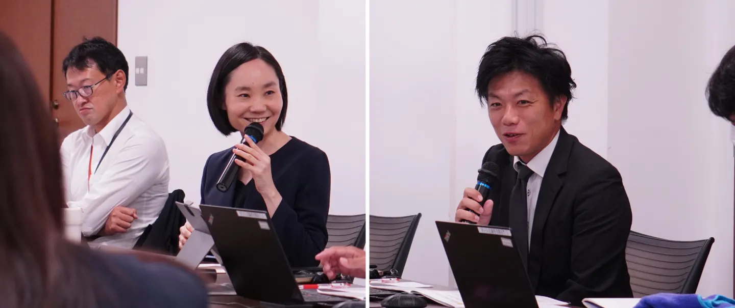 生命保険協会が主催した勉強会「機関投資家と『ビジネスと人権』」で話す日本サステナブル投資フォーラム（JSIF）理事の岸上有沙氏（左）とILO駐日事務所の田中竜介＝2024年10月17日午前10時半すぎ、東京・丸の内の新国際ビル