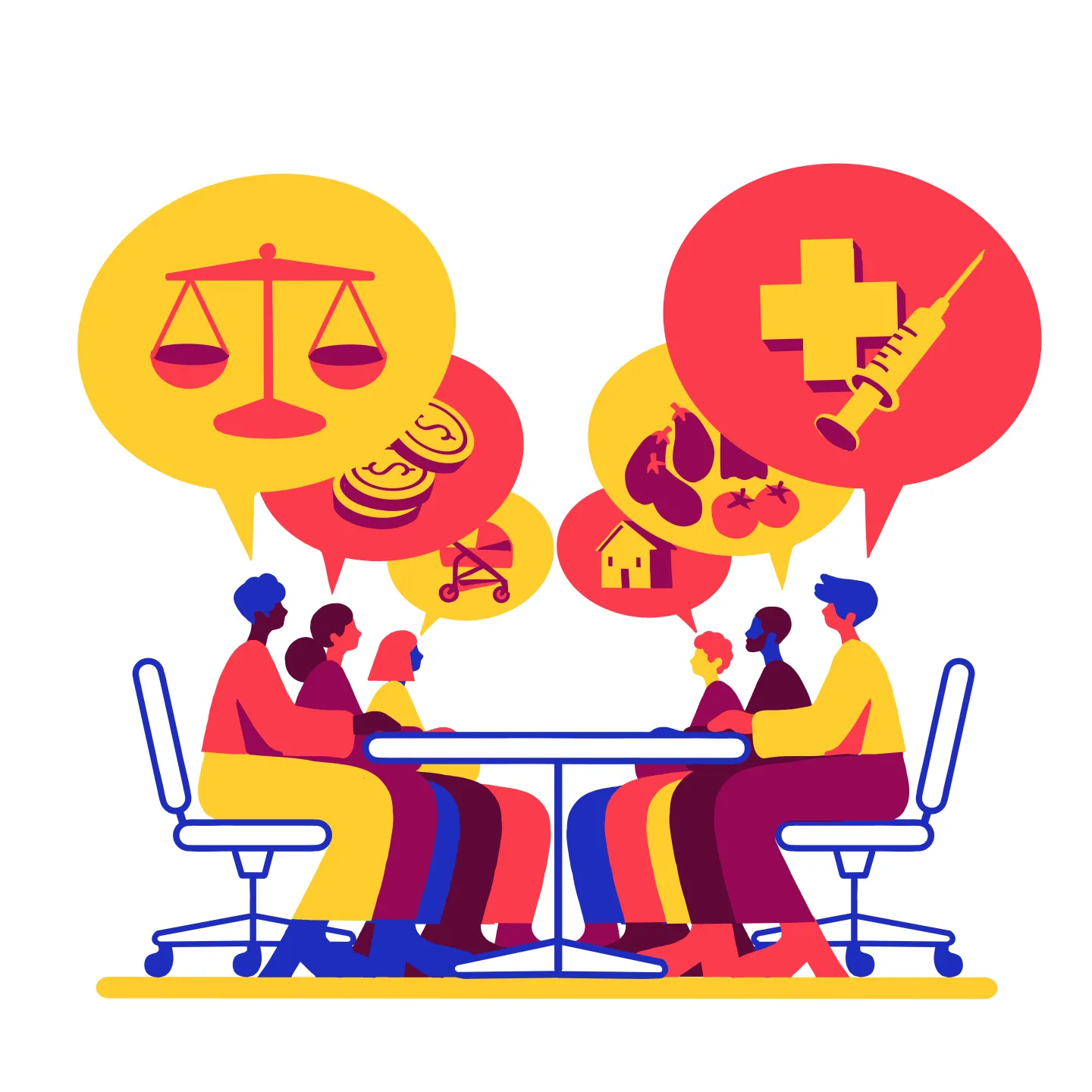 An illustration in blue, yellow and red of 6 people talking, there are chat bubbles above their head which represent different living wage topics