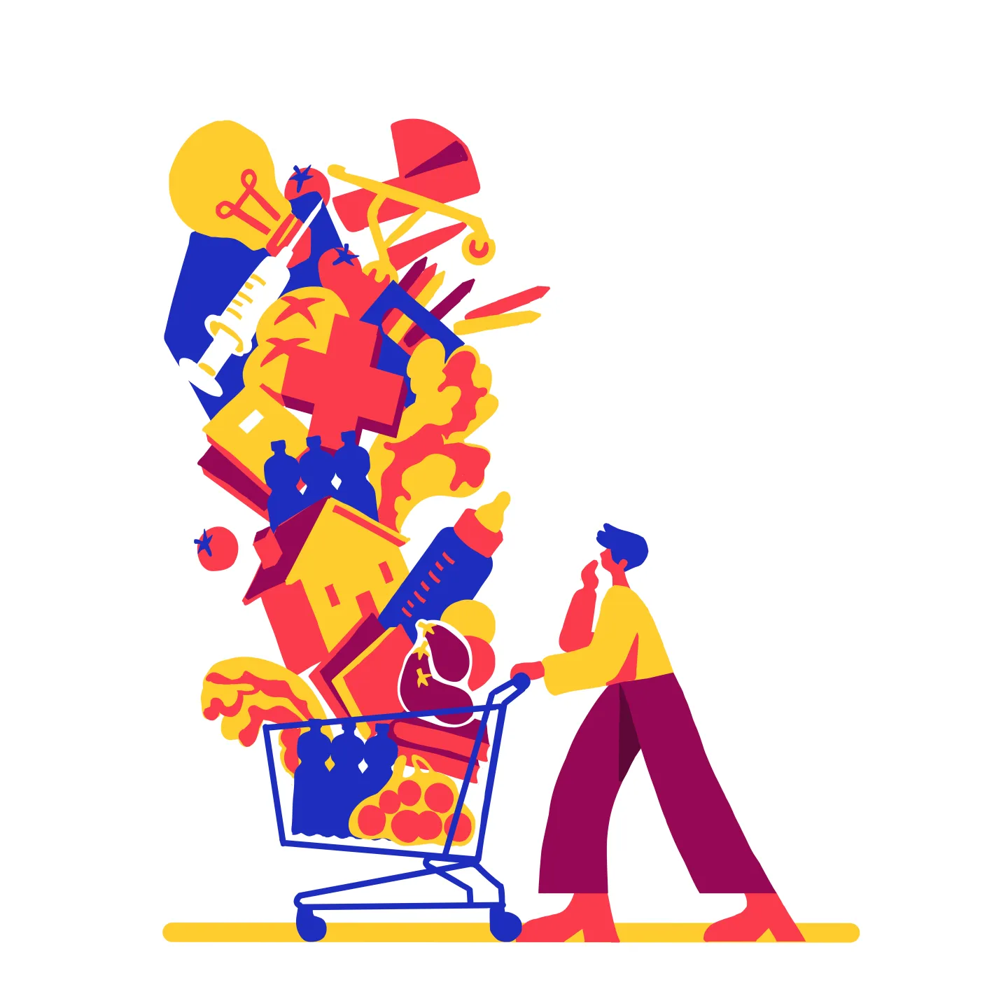 An illustration in blue, yellow and red of a person pushing a shopping trolley with a huge pile of items representing the needs of workers and their families.