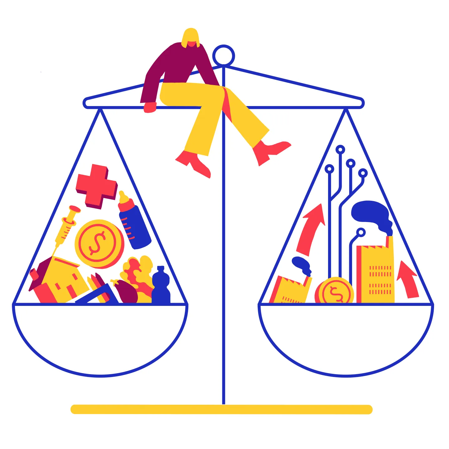 An illustration in blue, yellow and red of a person sitting on a balance which represents the needs of workers on one side and economic factors on the other