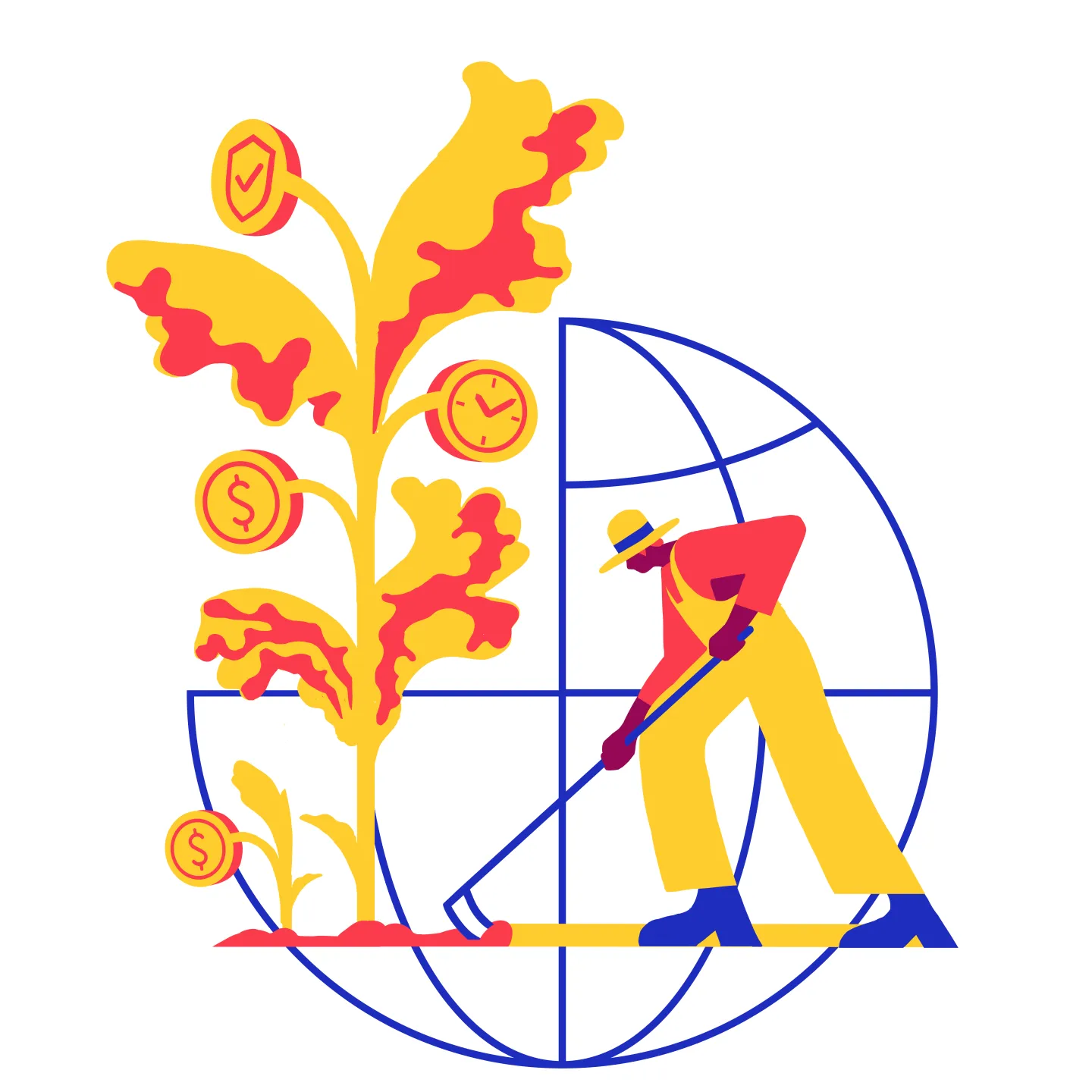 An illustration in blue, yellow and red of a man raking the ground where a plant is growing, and on some of the plant leaves there are icons of a shield and clock and dollar sign
