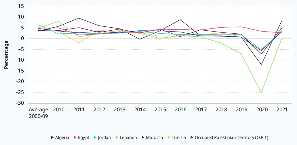 Graph showing the economic growth in the different in the Southern Mediterranean Countries.
