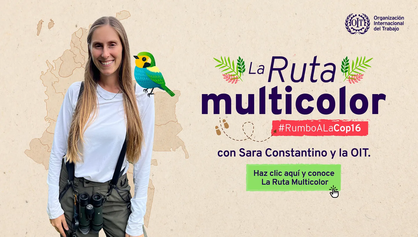 Portada de la Infografía Interactiva de la Ruta Multicolor que contiene el mapa de Colombia con algunos departamentos sombreados de múltiples colores junto a Sara Constantino