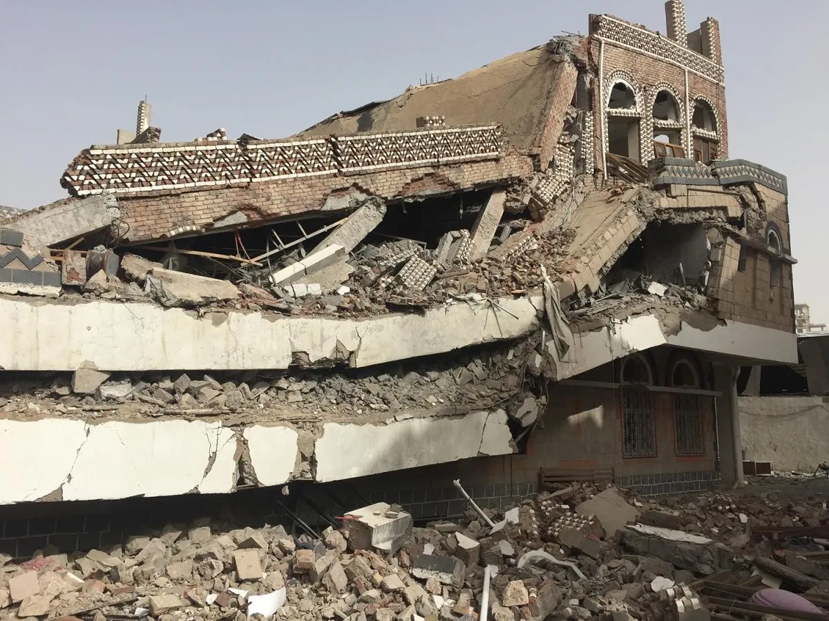 The Sana’a Chamber of Commerce after it was destroyed due to the conflict in Yemen, Al-Hasaba, Sana’a.