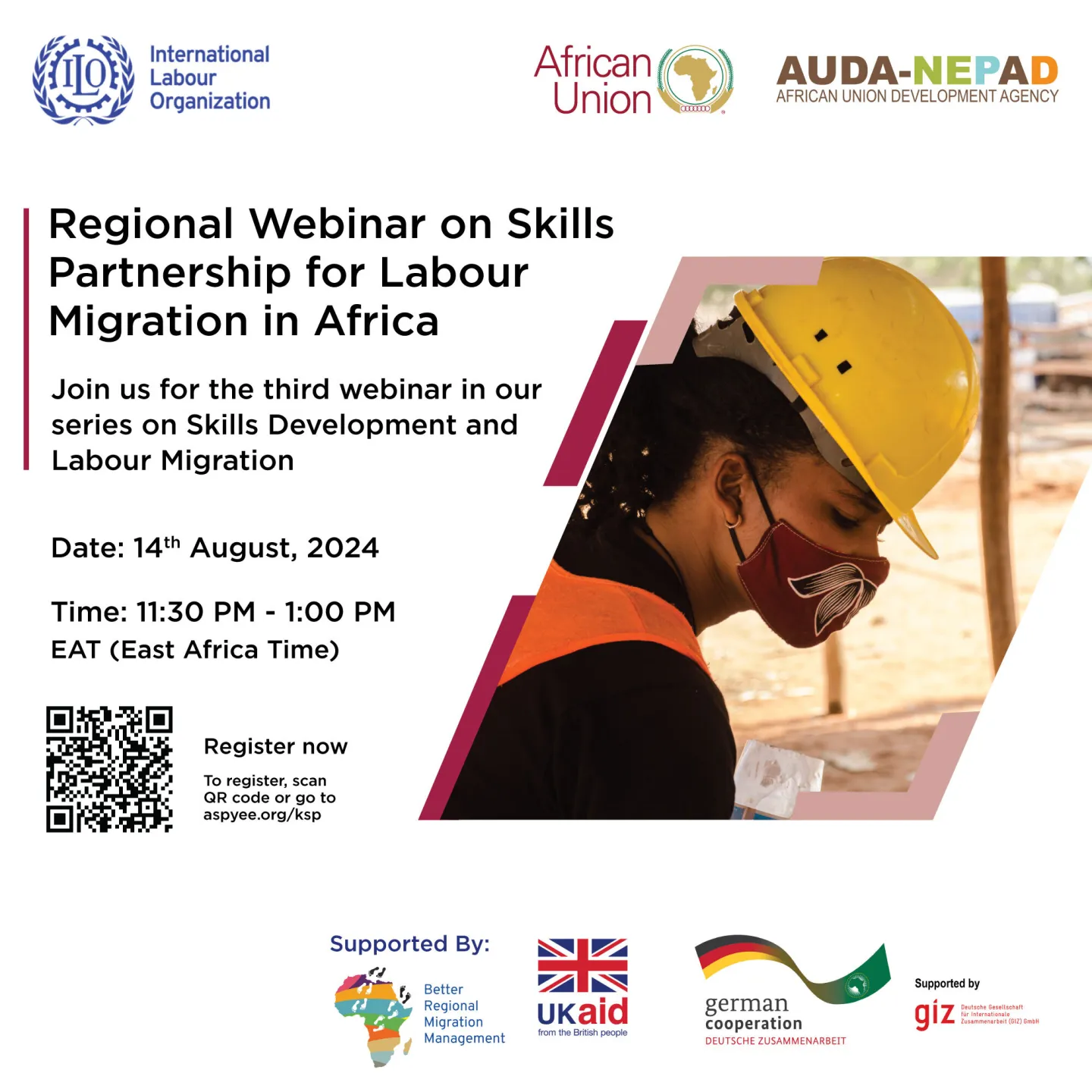 Meeting poster of Labour Migration in Africa with a picture of a lady with a helmet