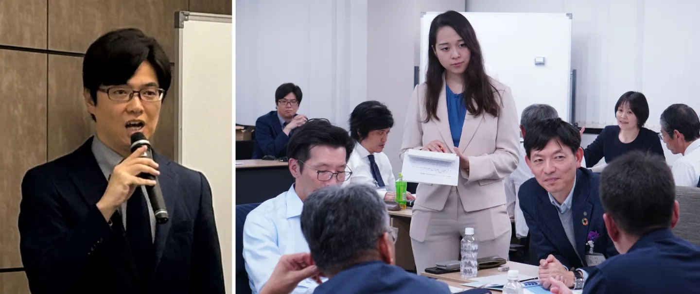 開会あいさつをするJEITAのCSR委サステナブル調達パートナーシップ構想TFリーダーでNECサプライチェーン改革統括部の秋山平氏（左）と、和やかな雰囲気で進んだグループワーク＝2024年11月15日午後、東京・日本橋