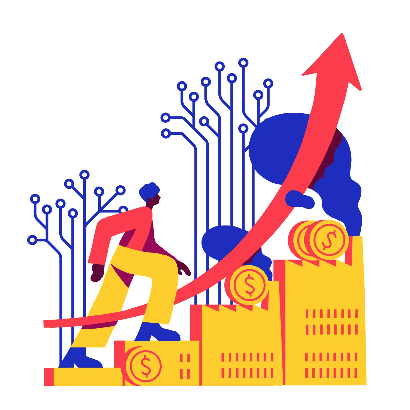 An illustration in blue, yellow and red of a person climbing on some buildings and some data/economic symbols represented.