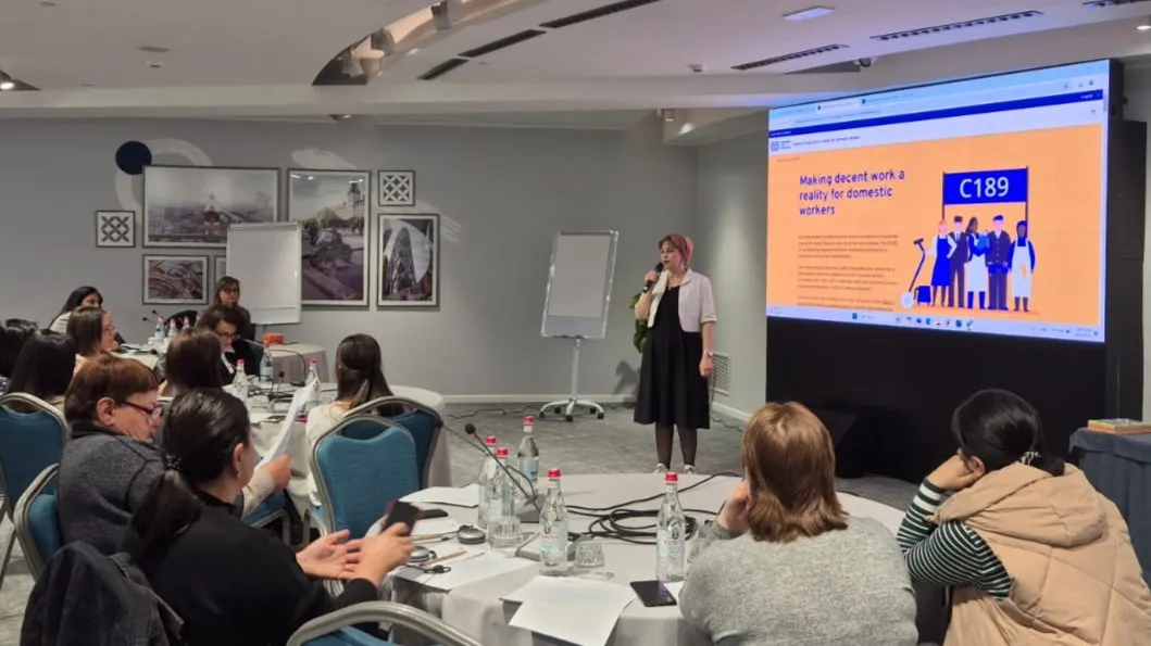 A group of participants watch the presentation of the Training on Decent Work for Domestic Workers and C189, 8-11 November 2024, Yerevan  