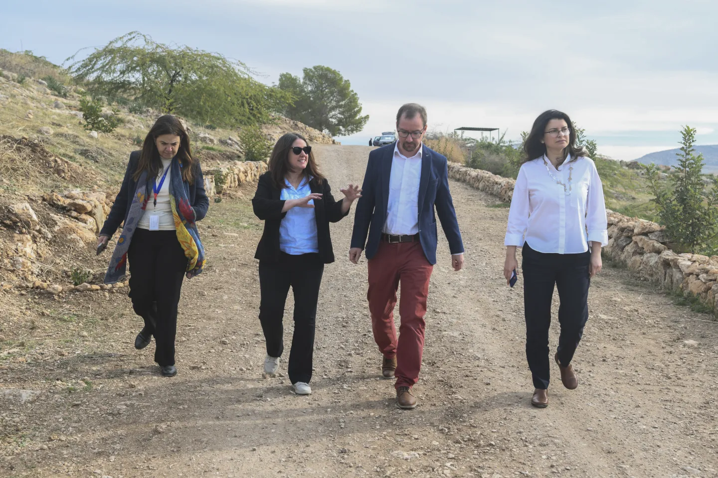 (R to L) ILO Regional Director Ruba Jaradat, KfW Director Matthias Schmidt-Rosen, ILO Deputy Director General Celeste Drake and ILO Country Coordinator Amal Mowafy during field visit to ILO projects in Jordan. 11 December 2024
