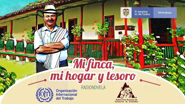 Ilustración de un hombre con camisa, poncho de rayas, sombre aguadeño. Al fondo una casa en el campo grande