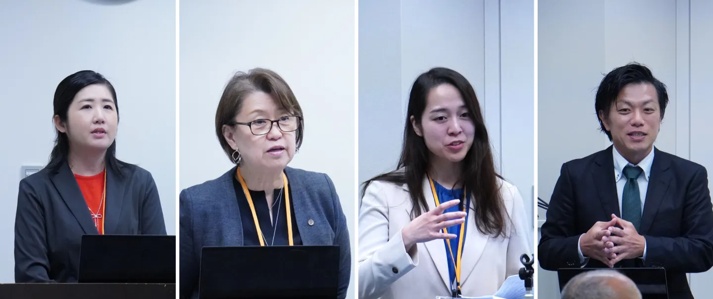 （左から）JEITAのCSR委サステナブル調達パートナーシップ構想TFサブリーダーでパナソニックオペレーショナルエクセレンスの一青杏奈氏、司会を務めた「ビジネスと人権」（BHR）推進社労士の小磯優子氏、ILO駐日事務所の鴨下真美、同・田中竜介＝2024年12月18日午後、東京・大手町