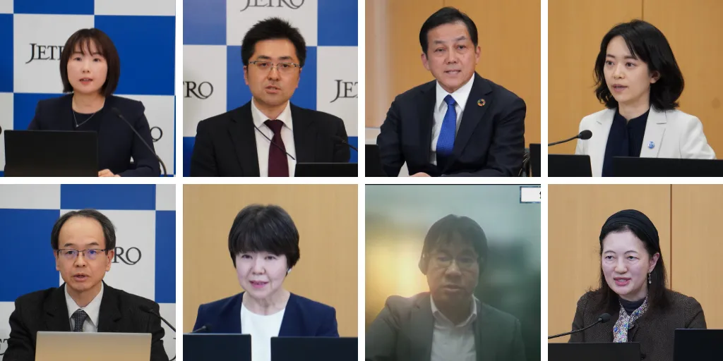 ウェビナー登壇者。（左上から時計回りに）ジェトロ調査部国際経済課課長代理森詩織氏、経済産業省大臣官房ビジネス・人権政策調整室室長折居直氏、ILO駐日代表高﨑真一、同駐日事務所プログラム・コーディネーター小林有紀、グローバル・コンパクト・ネットワーク・ジャパンプロジェクト統括マネージャー内田晴子氏、小島衣料常務取締役小島高典氏、キヤノン執行役員サステナビリティ推進本部長郡司典子氏、ジェトロ調査部主任調査研究員田中晋氏＝2024年3月14日午後、東京都港区