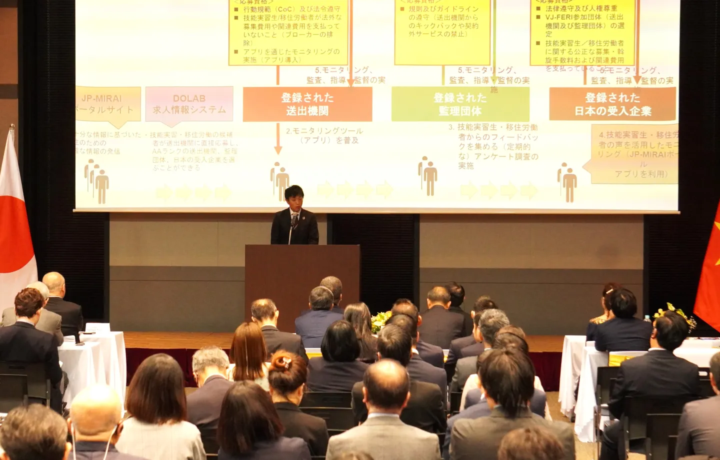 「ベトナムー日本人材協力フォーラム」で講演するILO駐日事務所プログラムオフィサーの田中竜介＝2023年12月16日、東京・半蔵門